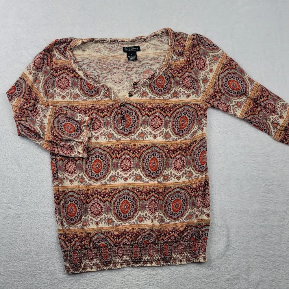 Lucky Brand‎ Womens Small Paisley Medallion Smocked Hem Henley Knit Top Multi
